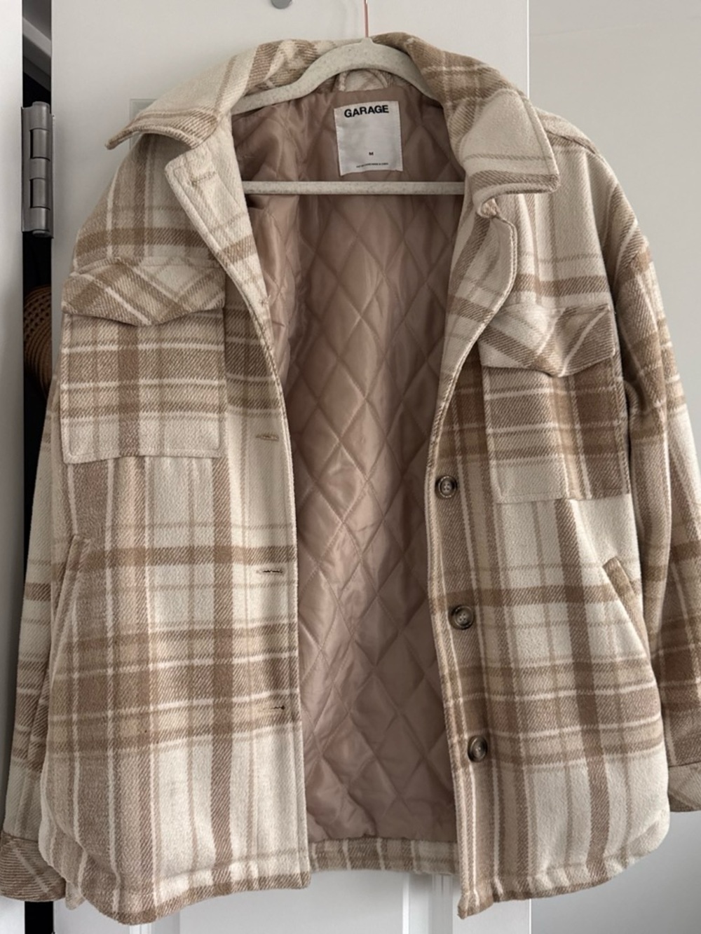 Garage Quilted Plaid Utility Jacket in Beige and Cream